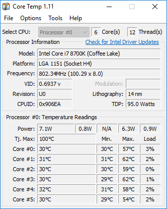 Logiciel température CPU CoreTemp